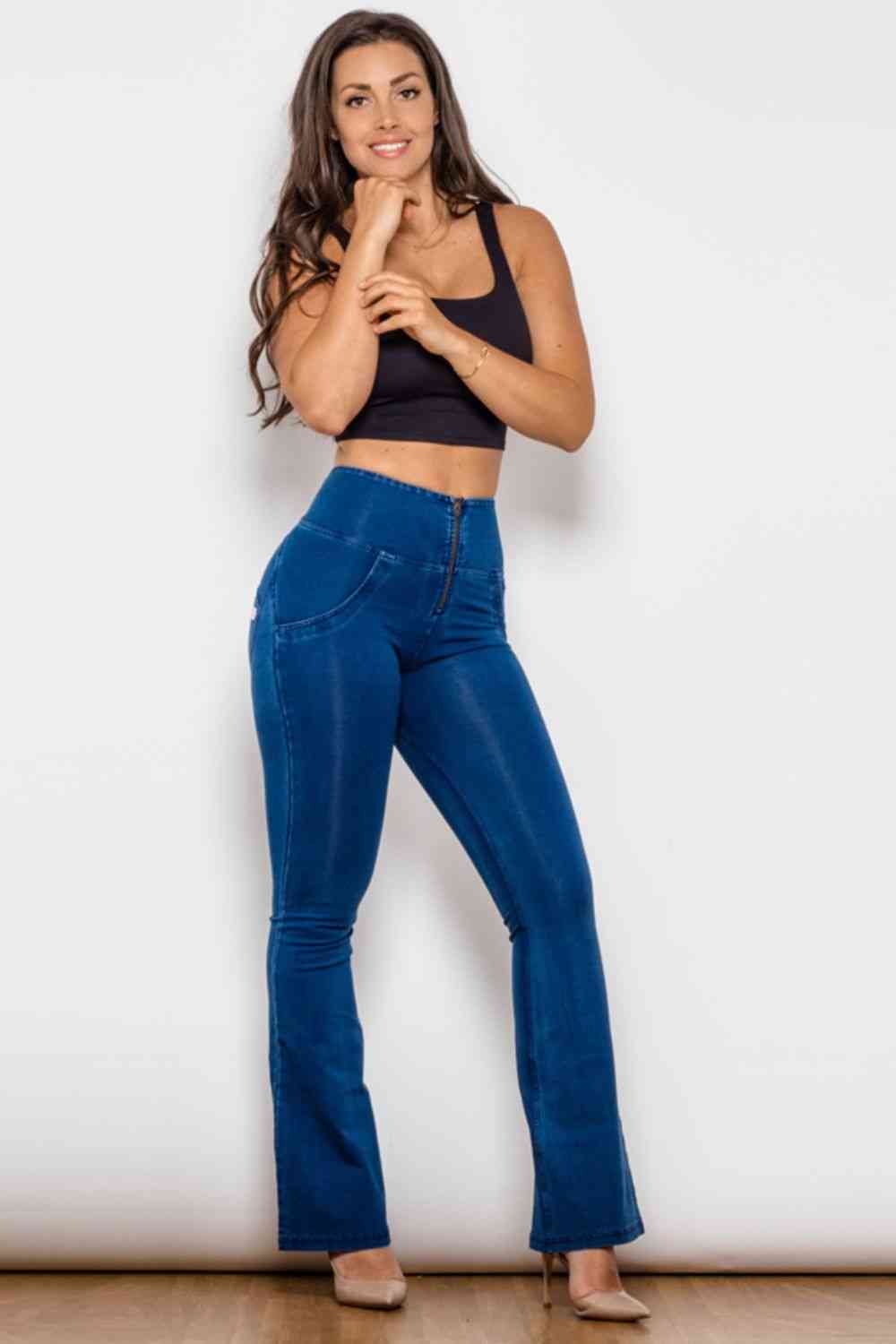 High Waist Zip Detail Flare Long Jeans