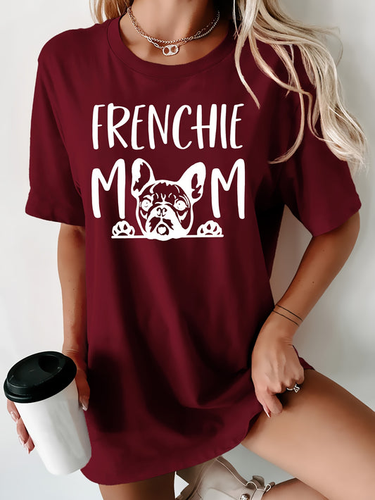 Frenchie Mom Print T-shirt, Casual Short Sleeve Crew Neck Top For Spring & Summer, Women's Clothing