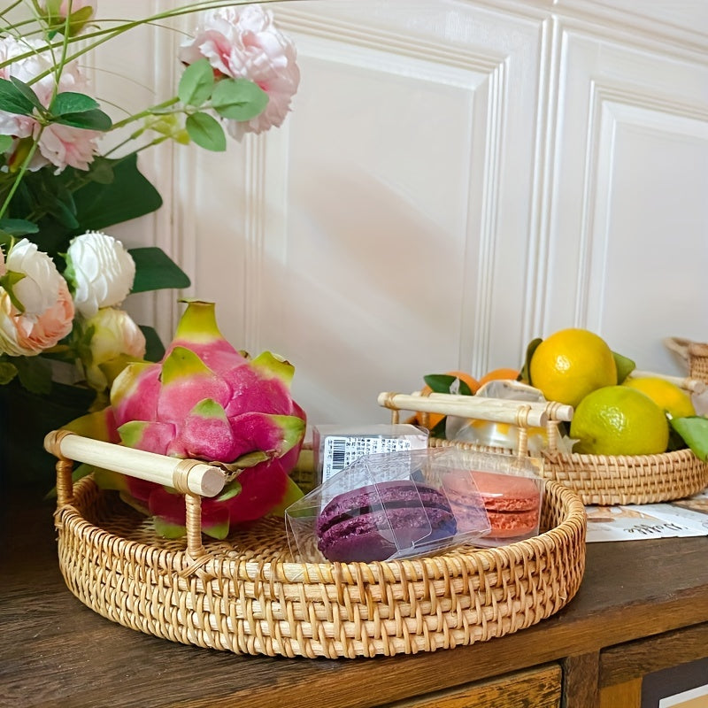 1pc Handmade Rattan Serving Tray - Double Ear Tea Tray, Fruit Plate, Bread Snack Basket, Storage Woven Basket, Heat Insulation Trivet Mat - Perfect For Home Kitchen Supplies