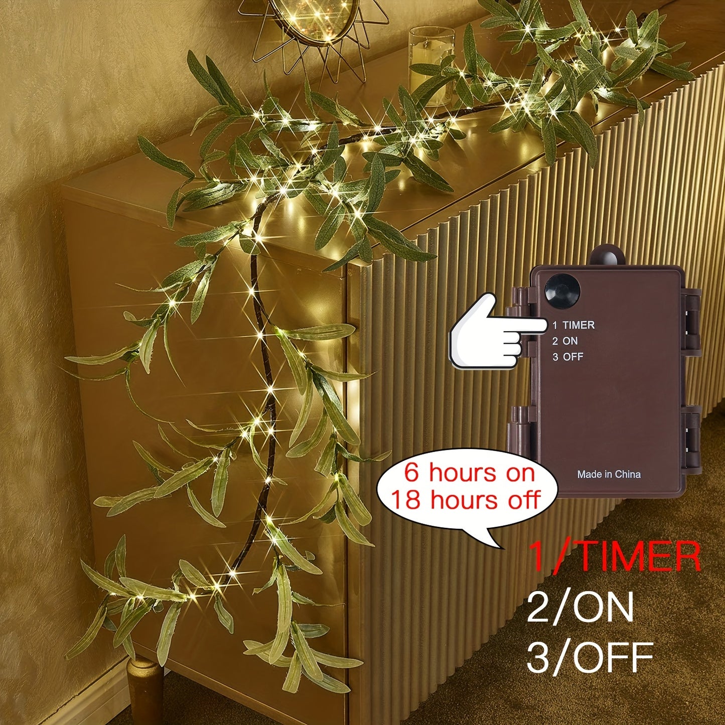 70.87inch 96LED Simulation Olive Leaf Rattan Battery Operated Lights, Fake Rattan With Timing Function, Spring Christmas Holiday Fireplace Decoration Light, Battery Powered (No Plug)