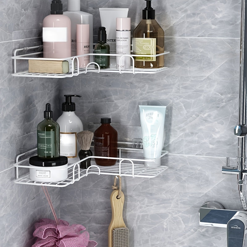 2pcs Punch-free Shower Corner Caddy, Toilet Corner Shelf, Toiletry Rack, Washroom Triangle Storage Rack, Wall Mounted Storage Rack For Bathroom