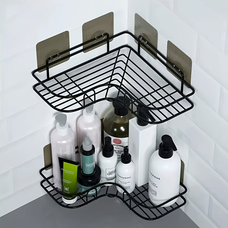 2pcs Punch-free Shower Corner Caddy, Toilet Corner Shelf, Toiletry Rack, Washroom Triangle Storage Rack, Wall Mounted Storage Rack For Bathroom