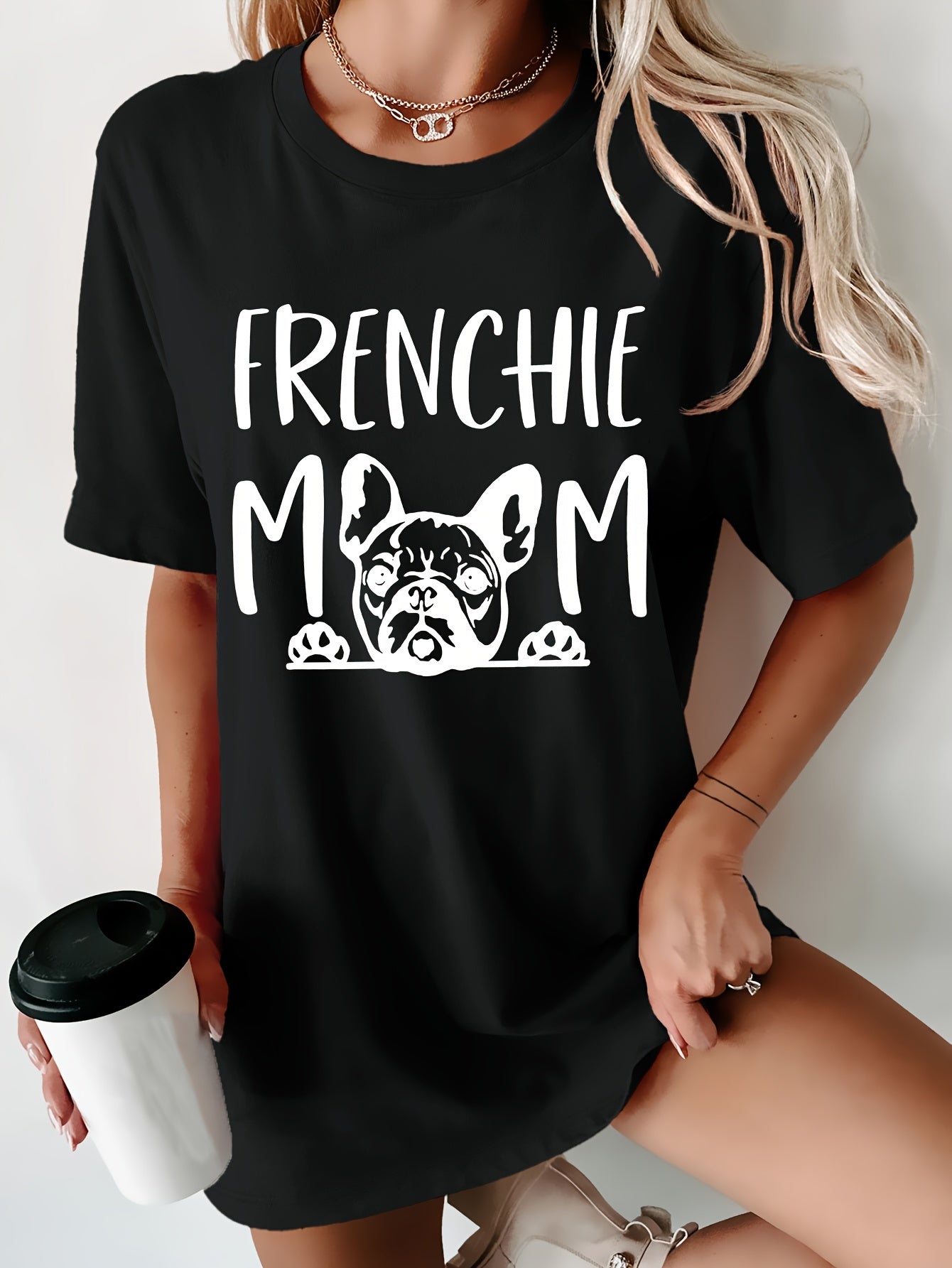 Frenchie Mom Print T-shirt, Casual Short Sleeve Crew Neck Top For Spring & Summer, Women's Clothing