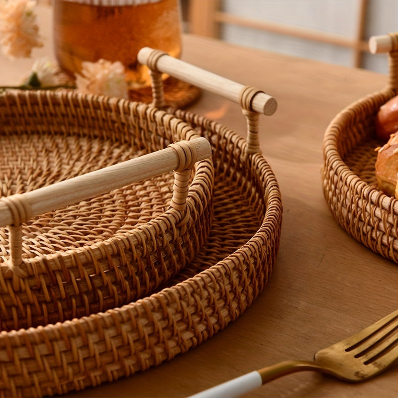 1pc Handmade Rattan Serving Tray - Double Ear Tea Tray, Fruit Plate, Bread Snack Basket, Storage Woven Basket, Heat Insulation Trivet Mat - Perfect For Home Kitchen Supplies