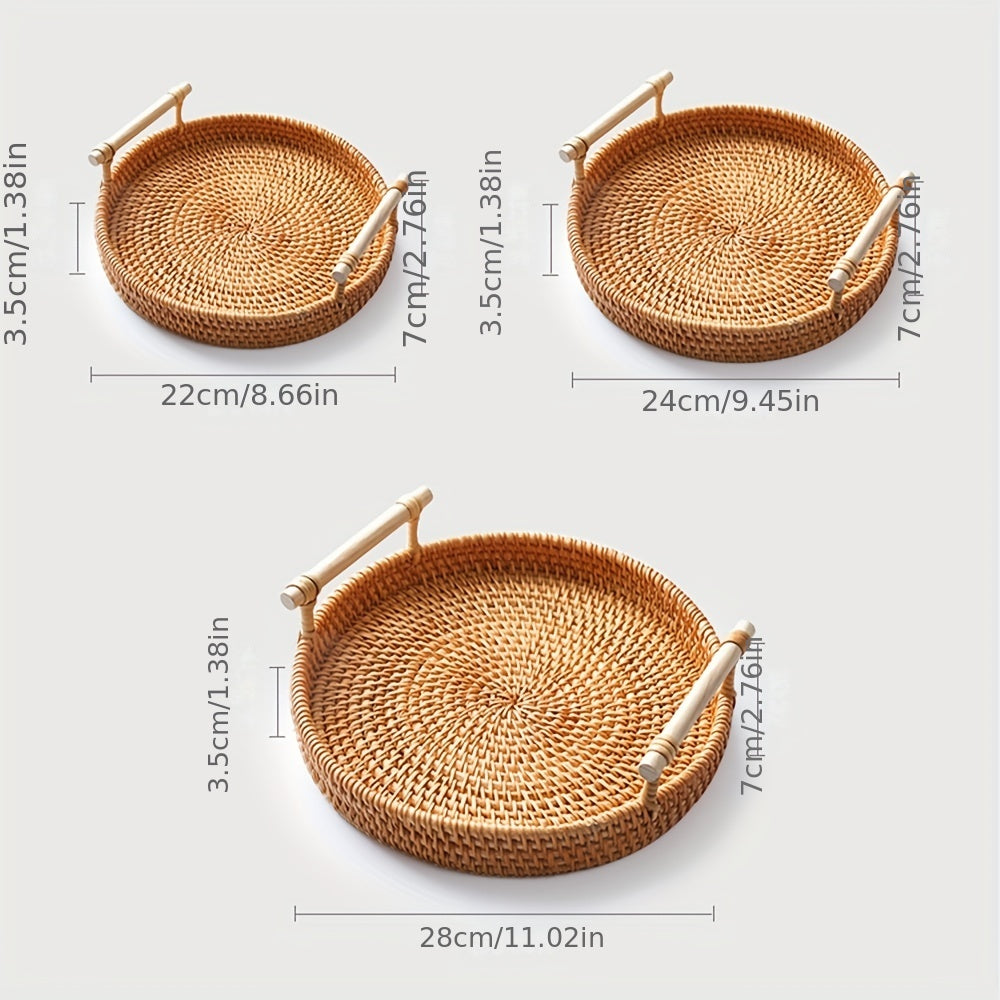 1pc Handmade Rattan Serving Tray - Double Ear Tea Tray, Fruit Plate, Bread Snack Basket, Storage Woven Basket, Heat Insulation Trivet Mat - Perfect For Home Kitchen Supplies