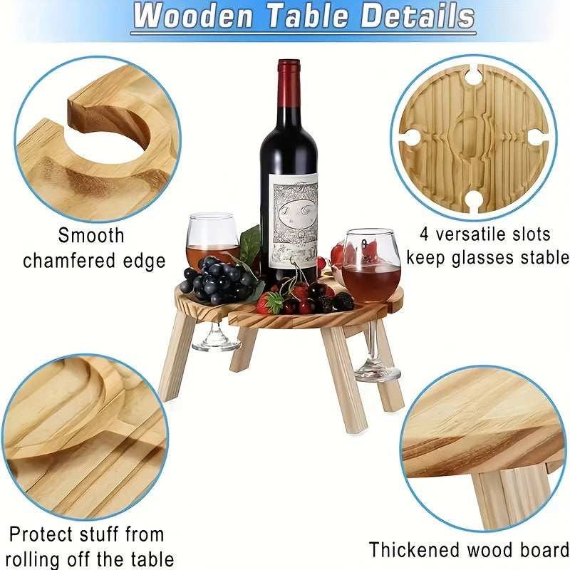 1pc, Foldable Wine Table, Wooden Folding Picnic Table With Wine Glass Holder, Wine Glass Drying Rack For Wine Lovers, Stylish Mini Home Round Picnic Table, Portable Creative 2 In 1 Wine Glass Rack, Camping Accessaries