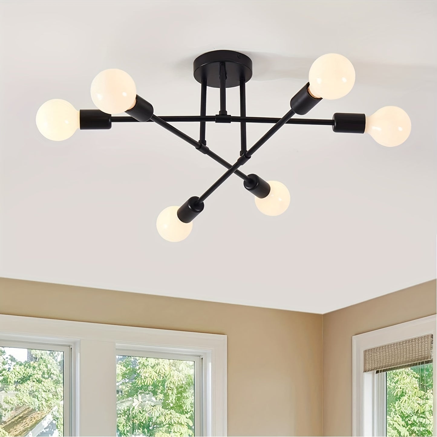 1PC Semi Flush Mount Ceiling Light Fixture, 6 Lights Modern Sputnik Chandelier Ceiling Lamp With E26 Bulb Base, Light Fixtures Ceiling Mount For Bedroom Kitchen Living Room Hallway Entryway