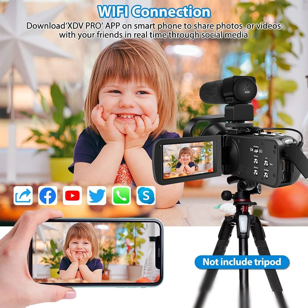 4K Professional Camcorder WIFI Digital Video Camera For Tiktok Youtube Streaming Vlog Recorder Time Webcam Stabilizer Videcam