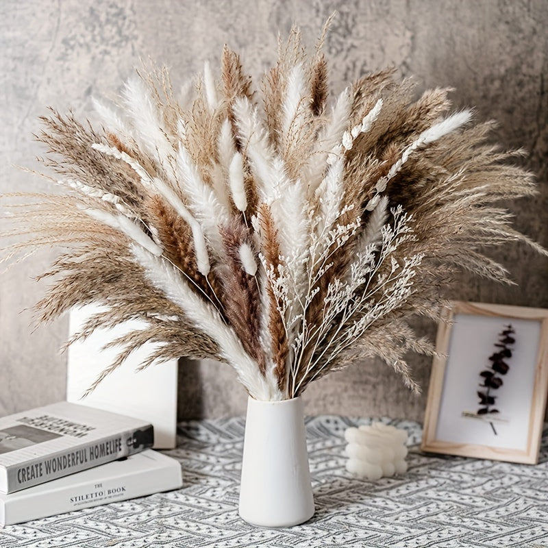 50pcs Natural Dried Pampa Grass Bouquet, Boho Home Decor Bouquet, Phragmites Dried Flowers Bouquet For Wedding Ramadan Decor, Winter Xmas Home Table Decor