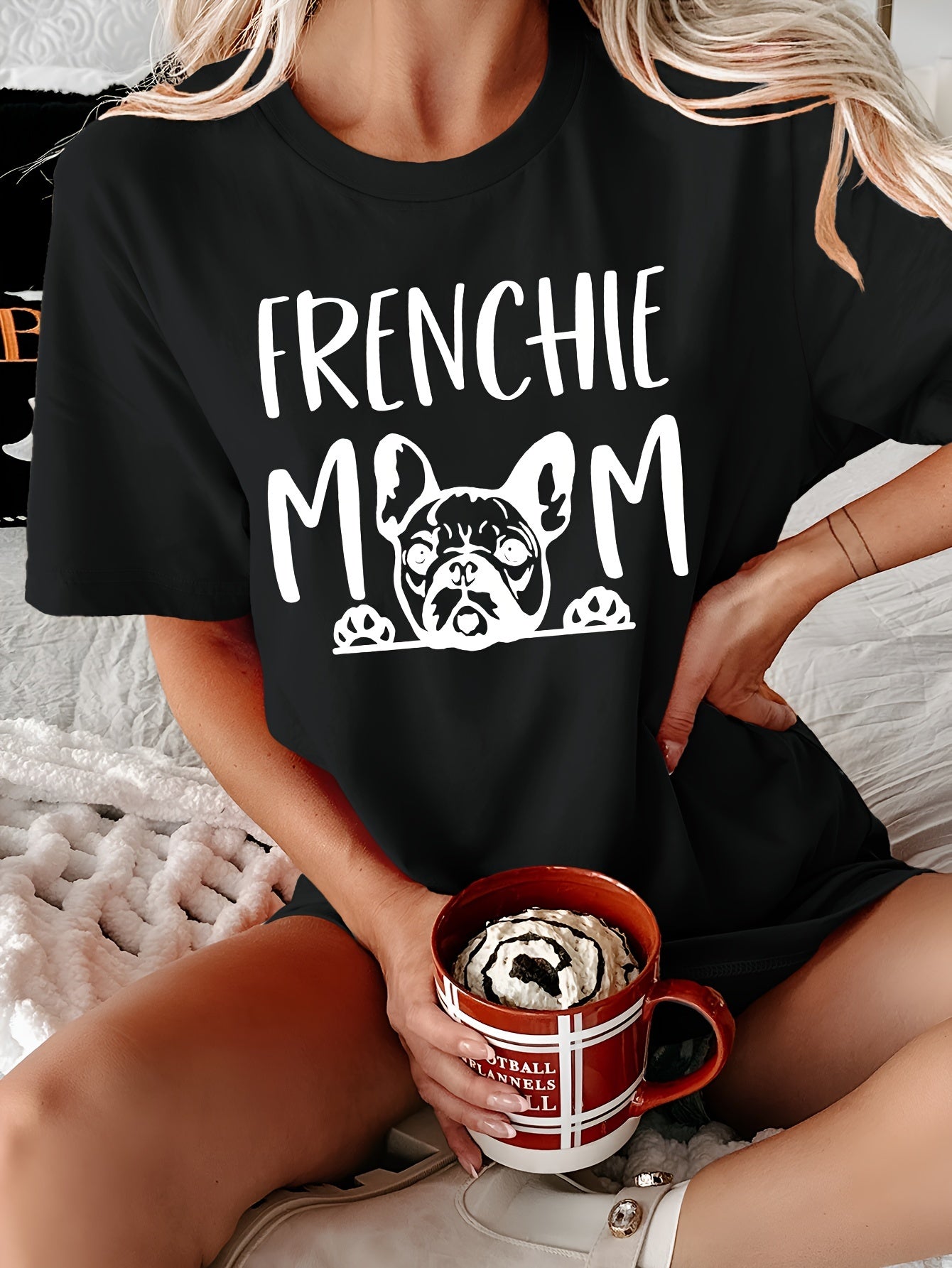 Frenchie Mom Print T-shirt, Casual Short Sleeve Crew Neck Top For Spring & Summer, Women's Clothing