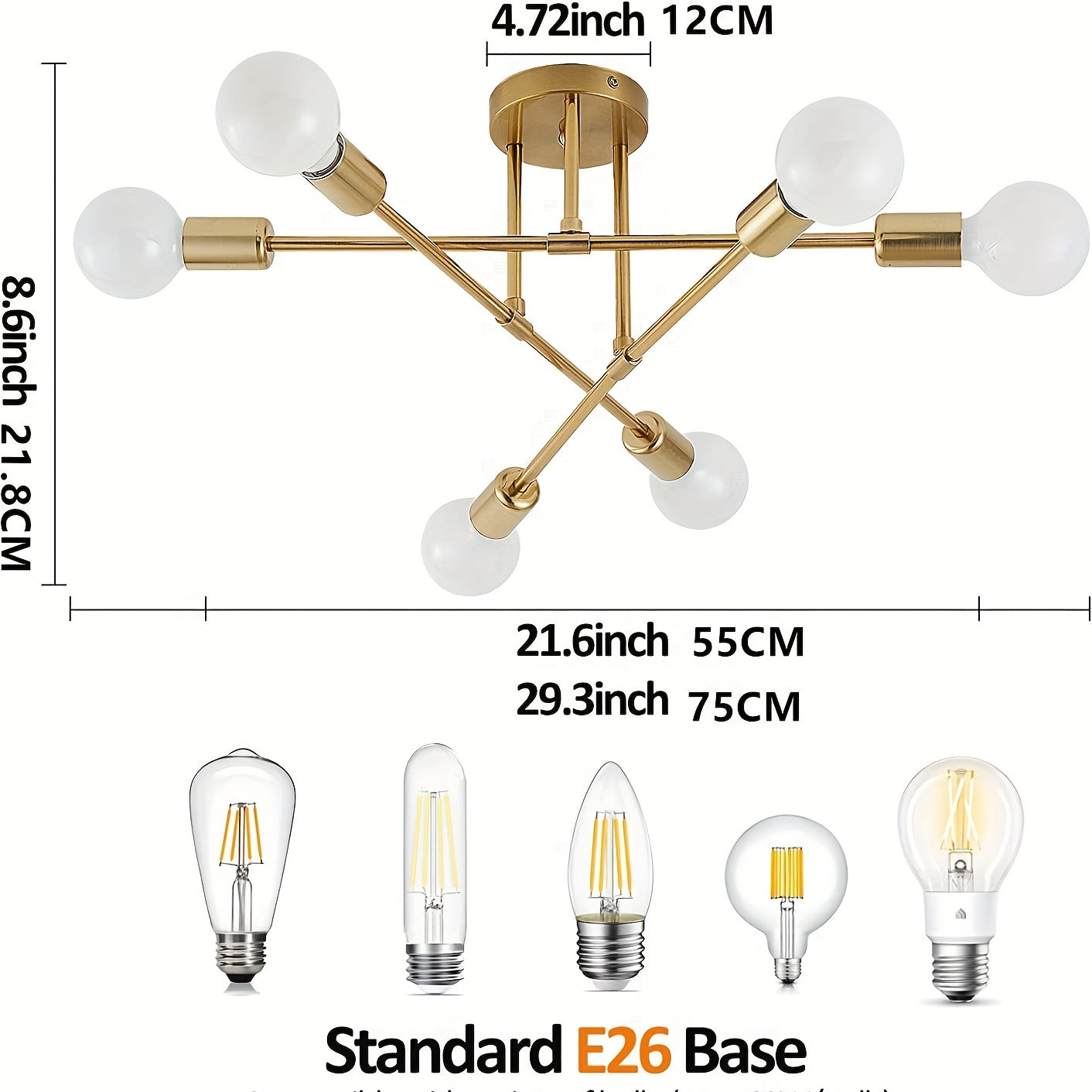 1PC Semi Flush Mount Ceiling Light Fixture, 6 Lights Modern Sputnik Chandelier Ceiling Lamp With E26 Bulb Base, Light Fixtures Ceiling Mount For Bedroom Kitchen Living Room Hallway Entryway