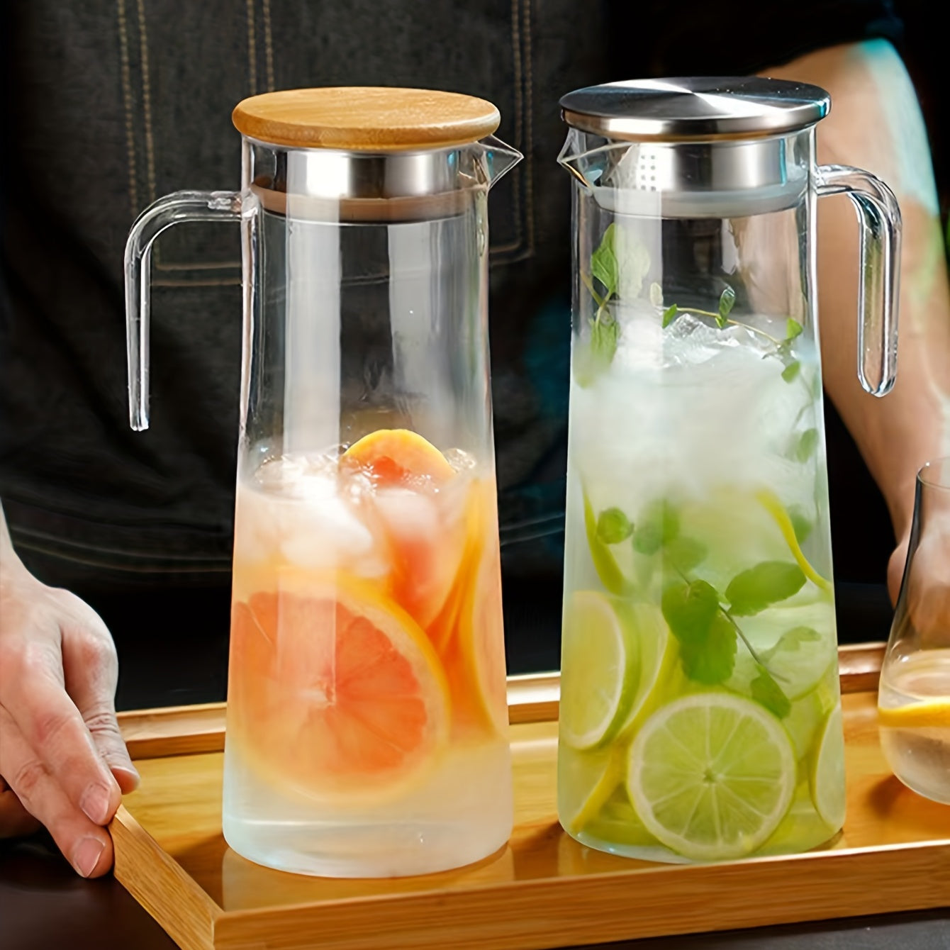 1pc, Water Pitcher With Lid, 37.1oz/54.1oz Heavy Duty Drink Picher, With Stainless Steel Lid Or Wooden Lid, For Juice, Beer, Bubble Tea, Summer Drinkware, Kitchen Stuff, Home Kitchen Items, Birthday Gifts