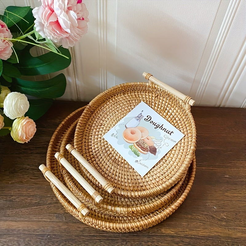 1pc Handmade Rattan Serving Tray - Double Ear Tea Tray, Fruit Plate, Bread Snack Basket, Storage Woven Basket, Heat Insulation Trivet Mat - Perfect For Home Kitchen Supplies