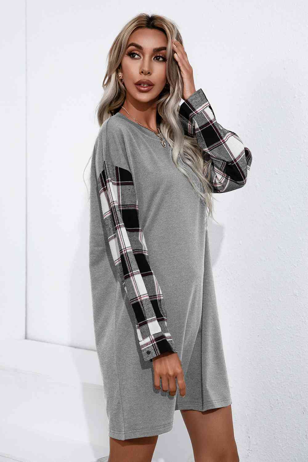 Plaid Sleeve Contrast T-Shirt Dress