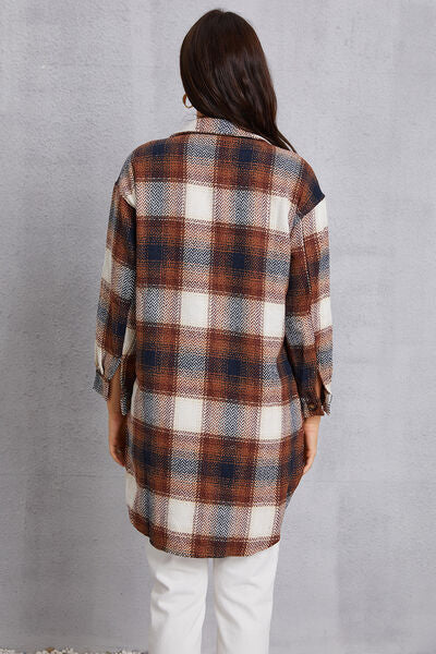 Plaid Button Up Dropped Shoulder Coat with Pockets