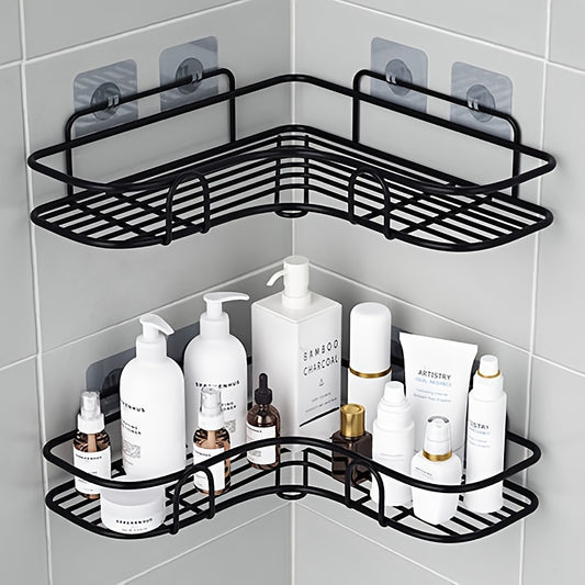 2pcs Punch-free Shower Corner Caddy, Toilet Corner Shelf, Toiletry Rack, Washroom Triangle Storage Rack, Wall Mounted Storage Rack For Bathroom