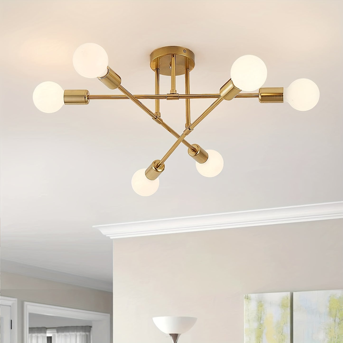 1PC Semi Flush Mount Ceiling Light Fixture, 6 Lights Modern Sputnik Chandelier Ceiling Lamp With E26 Bulb Base, Light Fixtures Ceiling Mount For Bedroom Kitchen Living Room Hallway Entryway