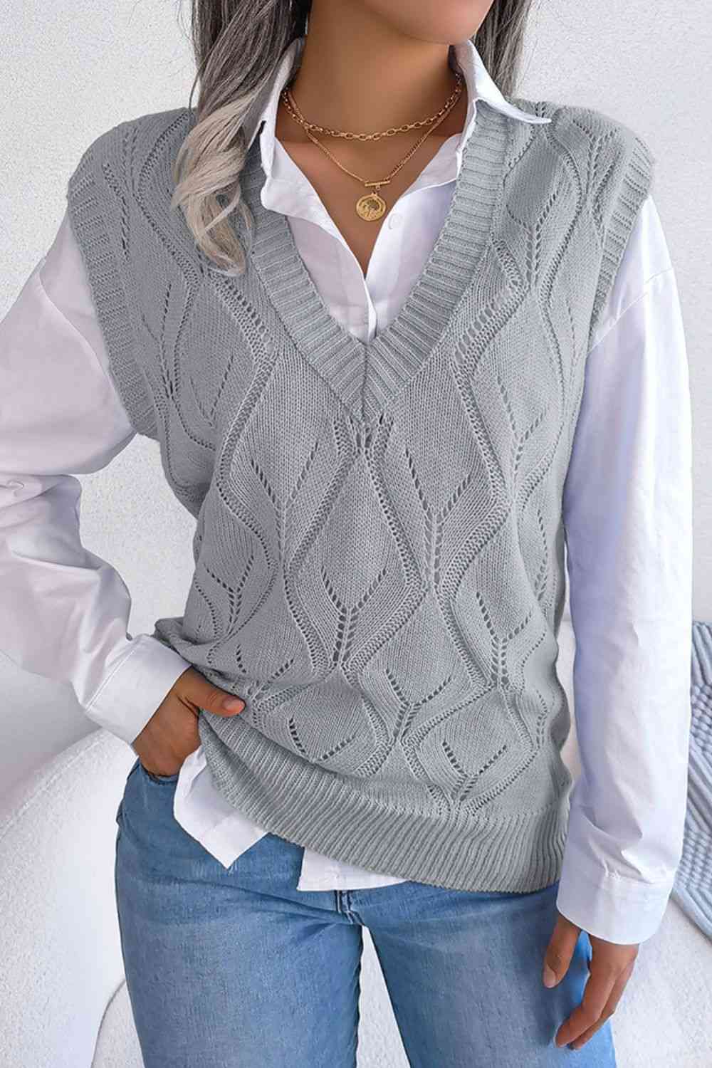 Openwork Ribbed Trim Sweater Vest