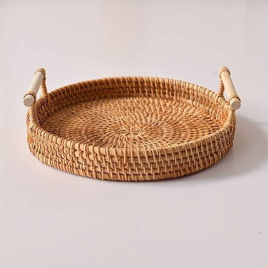 1pc Handmade Rattan Serving Tray - Double Ear Tea Tray, Fruit Plate, Bread Snack Basket, Storage Woven Basket, Heat Insulation Trivet Mat - Perfect For Home Kitchen Supplies