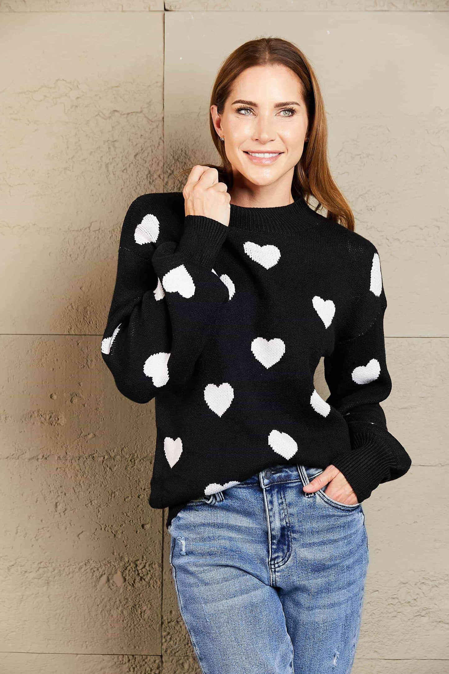 Woven Right Heart Pattern Lantern Sleeve Round Neck Tunic Sweater