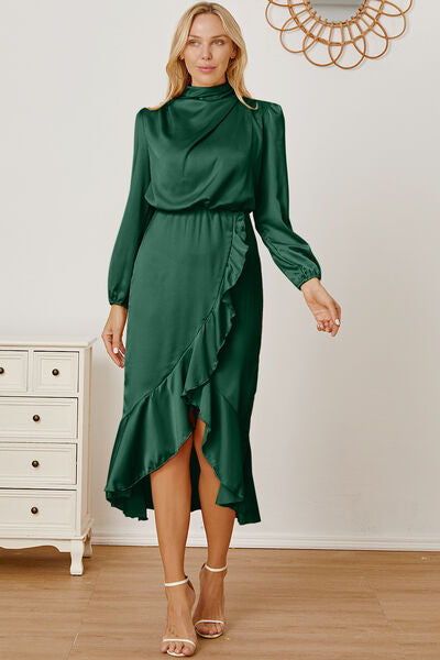 Mock Neck Ruffled Asymmetrical Dress