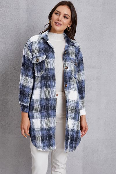 Plaid Button Up Dropped Shoulder Coat with Pockets