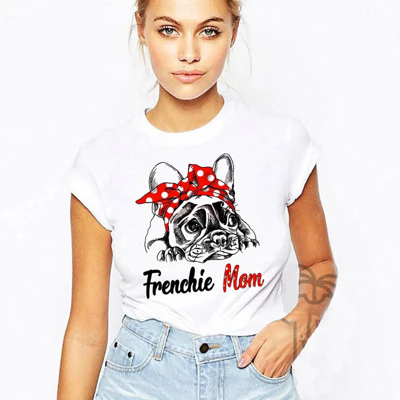 French Bulldog Mom Funny Frenchie Gift T-Shirt Women Harajuku Short Sleeve Cartoon T-shirt White Print Cute T-shirt Top Female